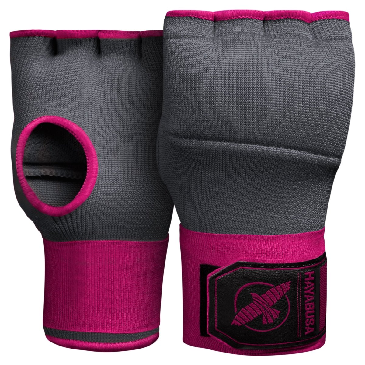 Pair of pink and gray Hayabusa Quick Wraps gel liners, front view