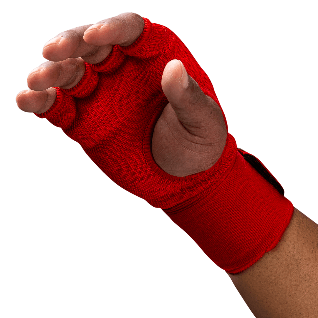 Close-up detail of the gel-padded knuckles of the worn red Hayabusa liner