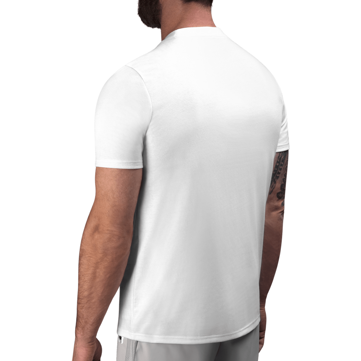 Rückansicht des weißen Hayabusa Essential T-Shirts, athletischer Schnitt aus Baumwollmischung