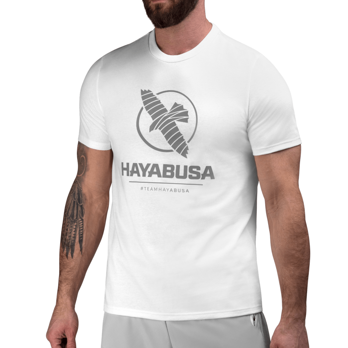 Front view of the white Hayabusa Men's VIP t-shirt with Team Hayabusa graphics