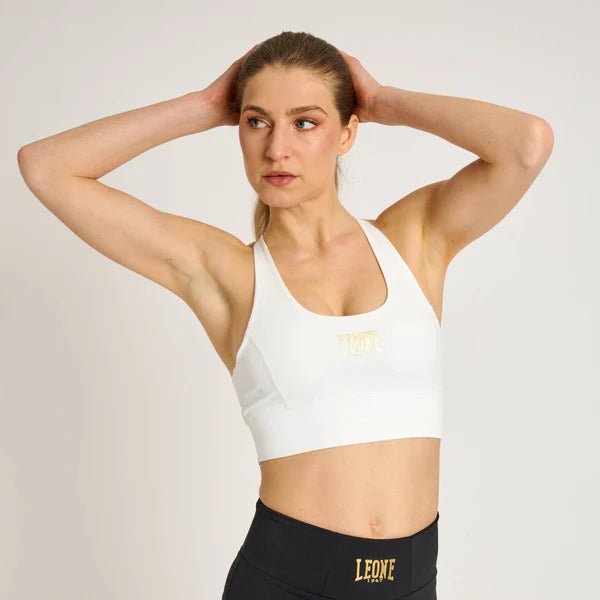 Vorderansicht des weißen Leone DNA Sporttops für intensives Training