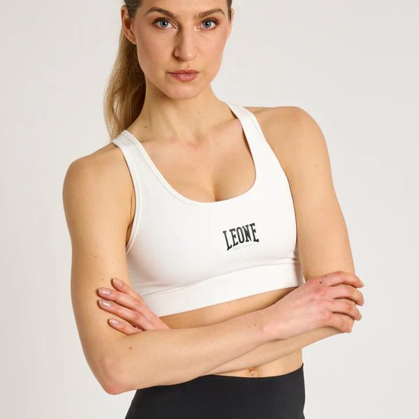 Vorderansicht des ultracoolen weißen Sporttops Leone Logo Cool Touch