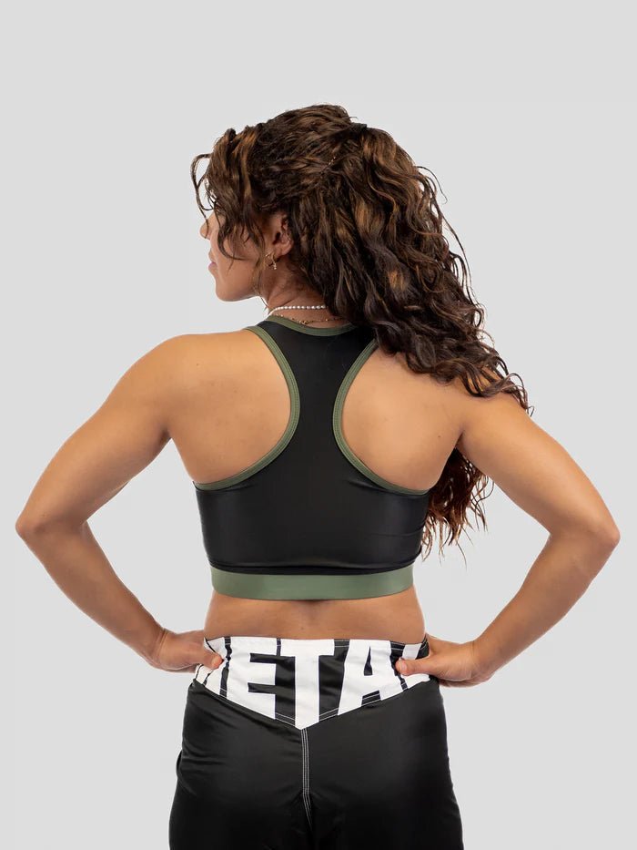 Rückansicht Sport-BH Metal Boxing Schwarz Khaki Elastizität und Komfort