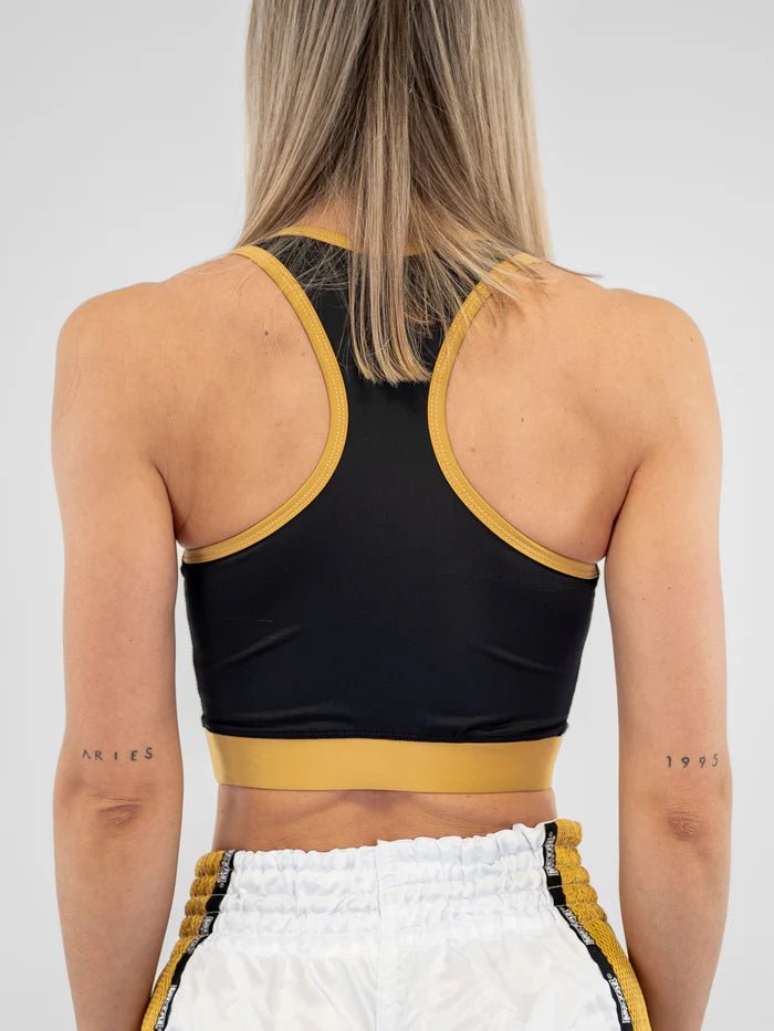 Rückansicht Metall-Boxsport-BH, schwarzgold, ergonomisches Kreuzdetail