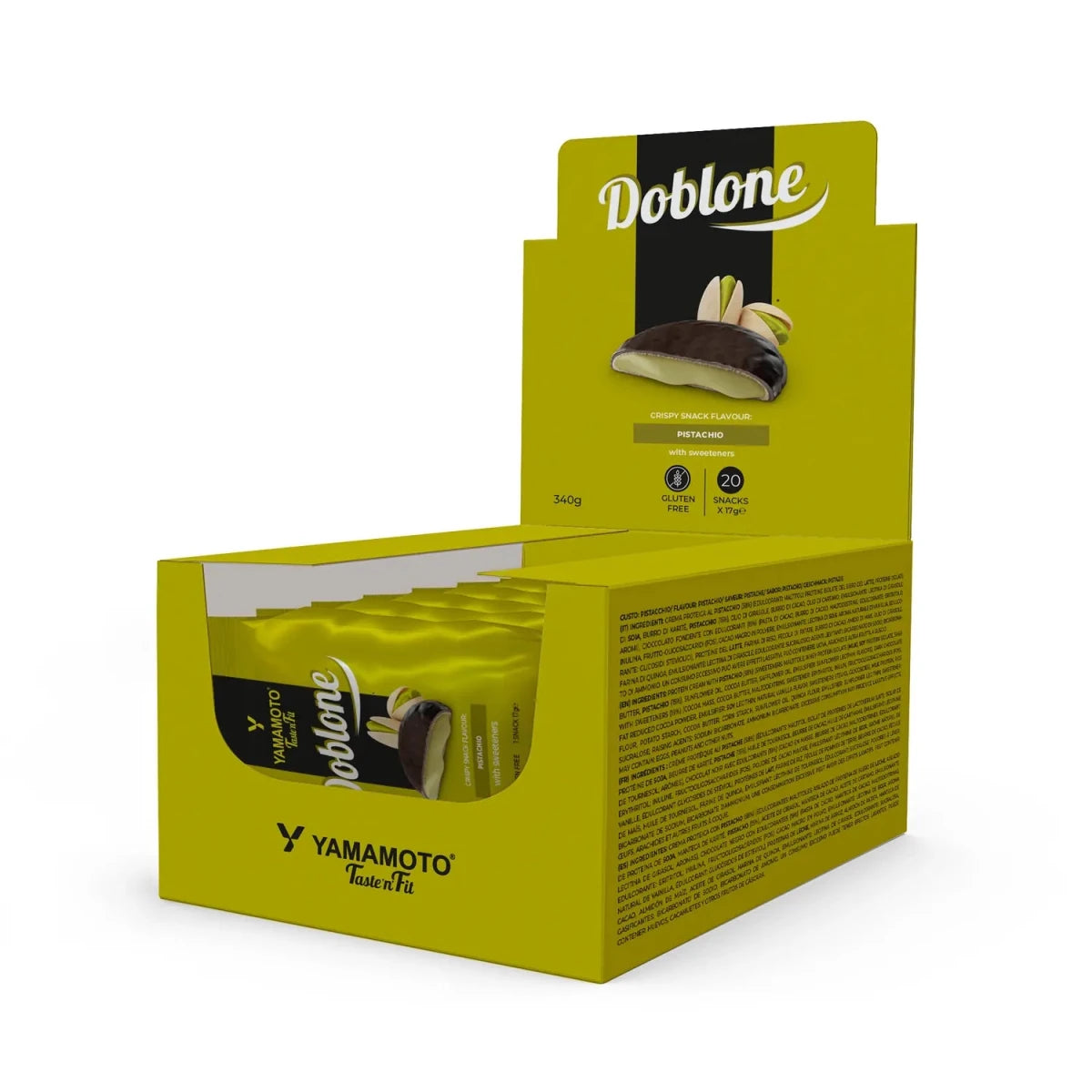 Pack of 20 Doblone protein biscuits with pistachio flavor and dark chocolate coating