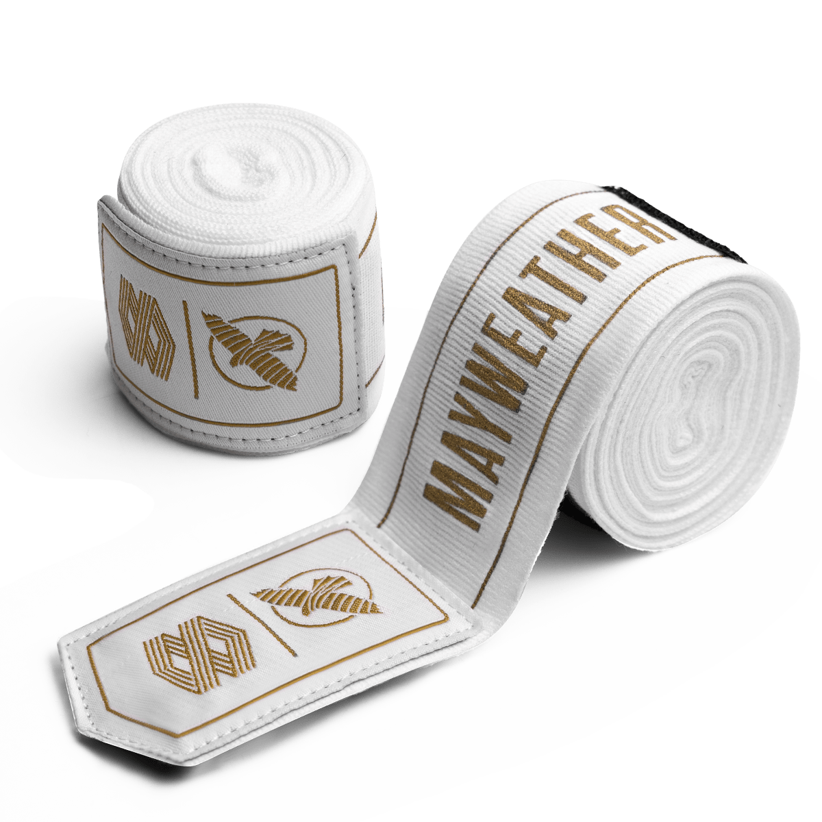 Par de vendas elásticas enrolladas de 180 pulgadas de Mayweather Hayabusa, blanco limpio con detalles y logotipos dorados de 'MAYWEATHER' y 'TMOB'