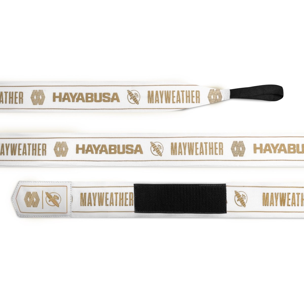 Vendaje elástico blanco y dorado de Mayweather Hayabusa de 180 pulgadas, estirado sin apretar, que muestra la longitud completa y un patrón dorado repetido a lo largo de la tela ultrasuave