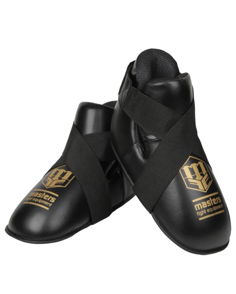 Pair of black protective boots for Kick Boxing Masters WAKO approved