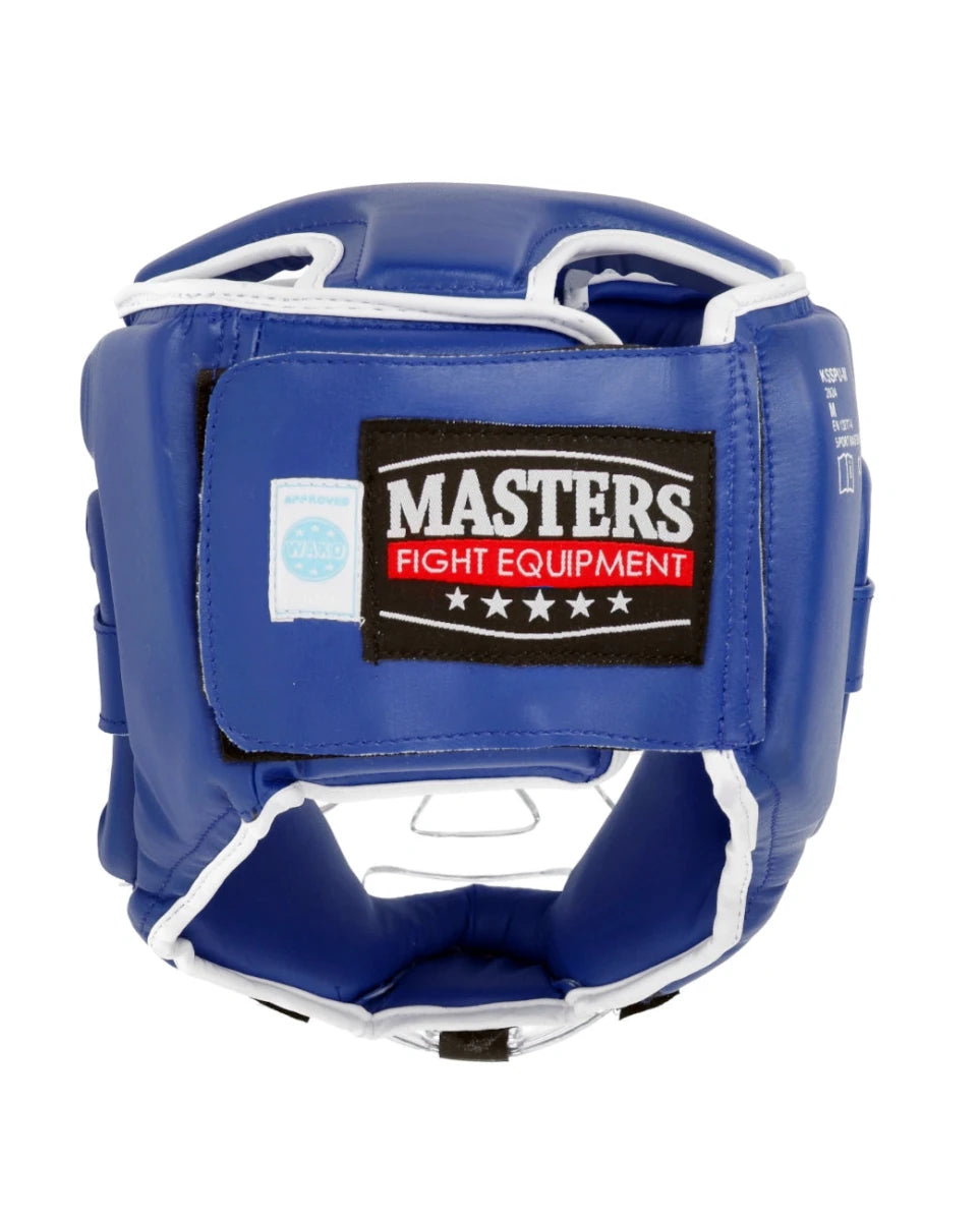 Rear detail of the blue WAKO helmet showing the protective neck structure