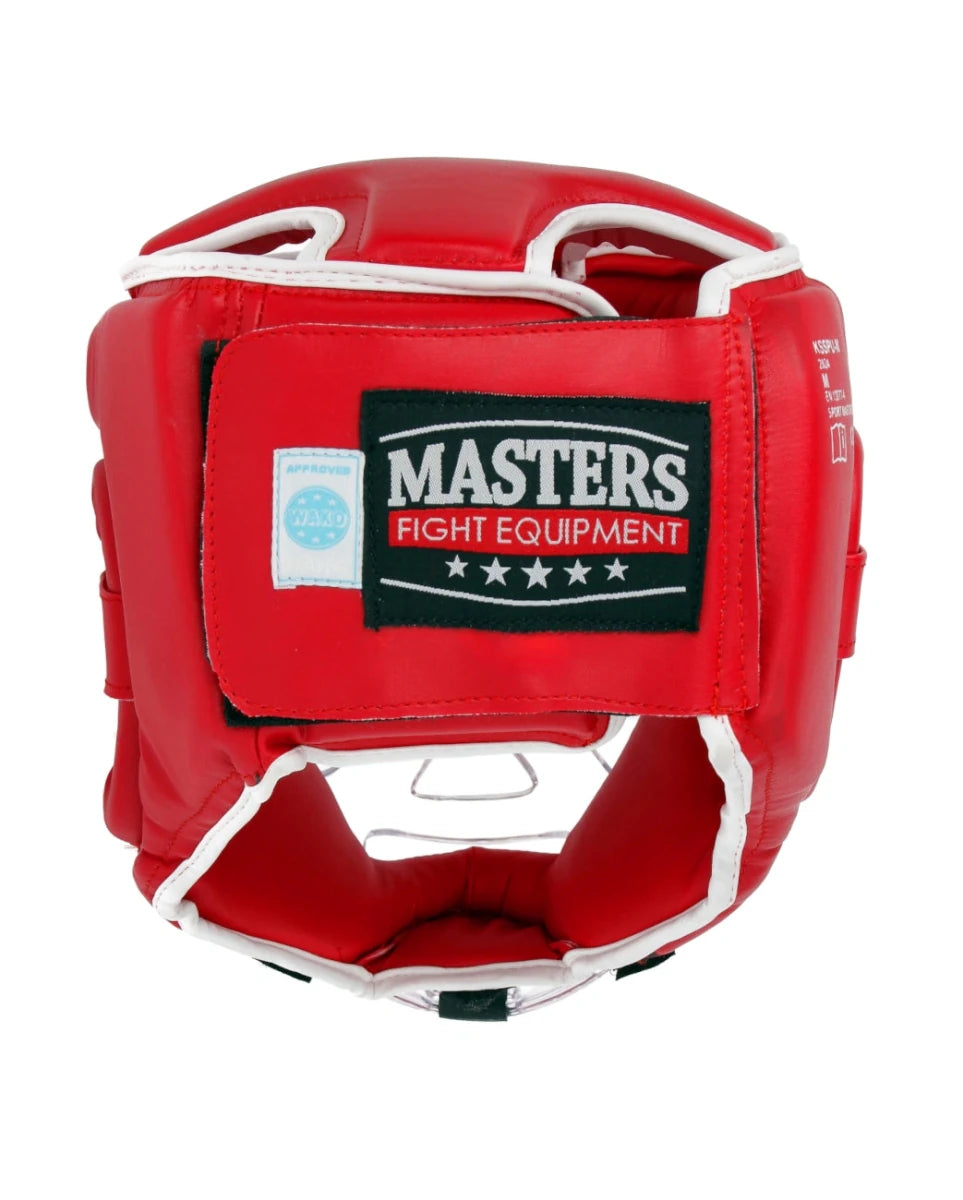 Rear view of the red WAKO helmet with detail of the adjustable velcro closure