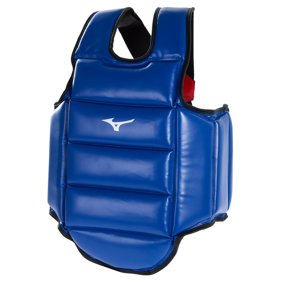 Corpetto reversibile Mizuno per Karate e arti marziali con logo Runbird centrale.