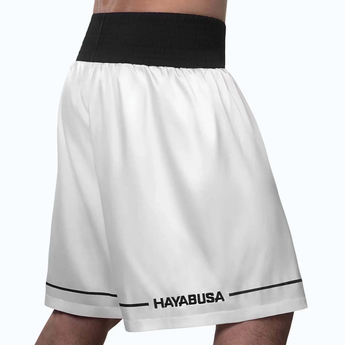 Shorts de boxe branco Hayabusa com bordado nas costas