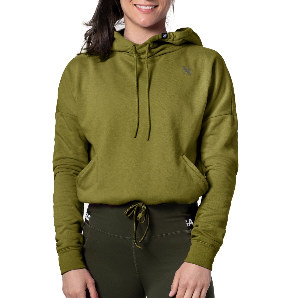Vista frontal de la sudadera cropped Hayabusa verde oliva melange, ideal para el estilo de vida activo