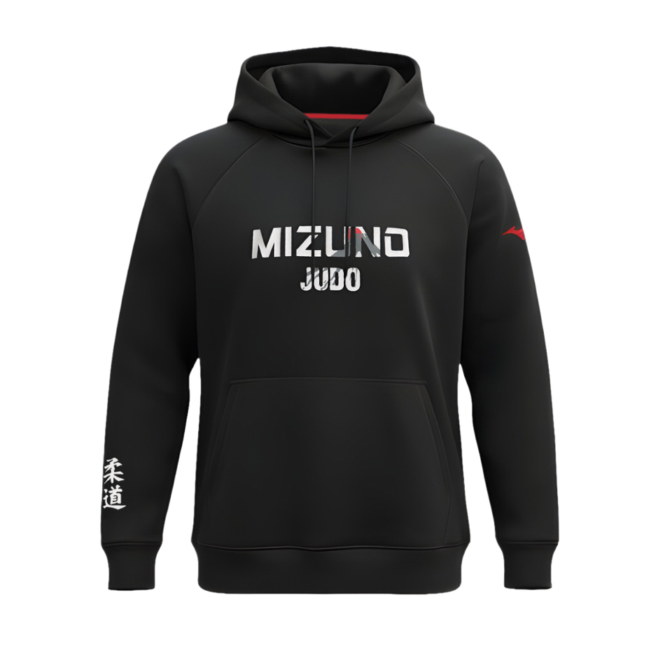 Felpa Judo Mizuno Fuji con cappuccio colore nero e loghi bianchi.