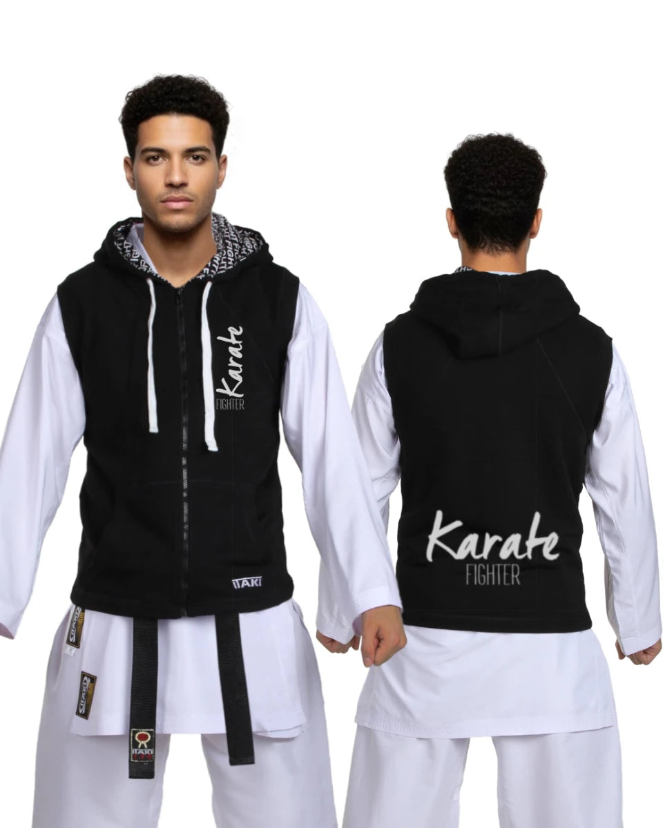 Front detail of black Itaki sleeveless sweatshirt with Fighter writing and hood