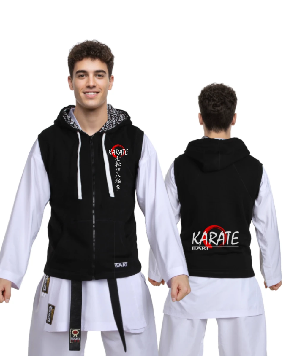 Itaki black sleeveless sweatshirt with Japanese Kanji print, ideal as a karate cover-up