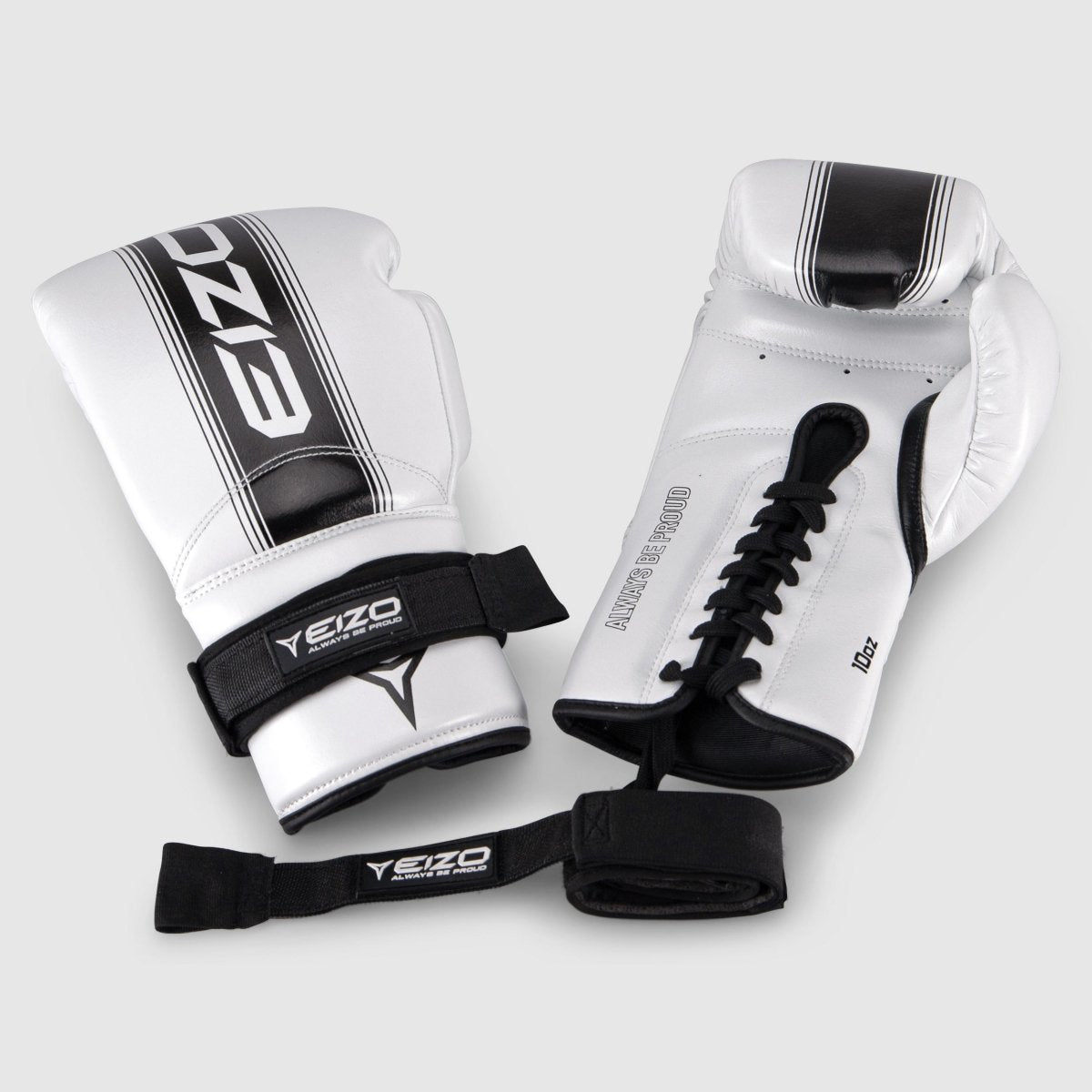 Esempio di applicazione dei convertitori Eizo Hook & Loop su guanti da boxe bianchi con lacci