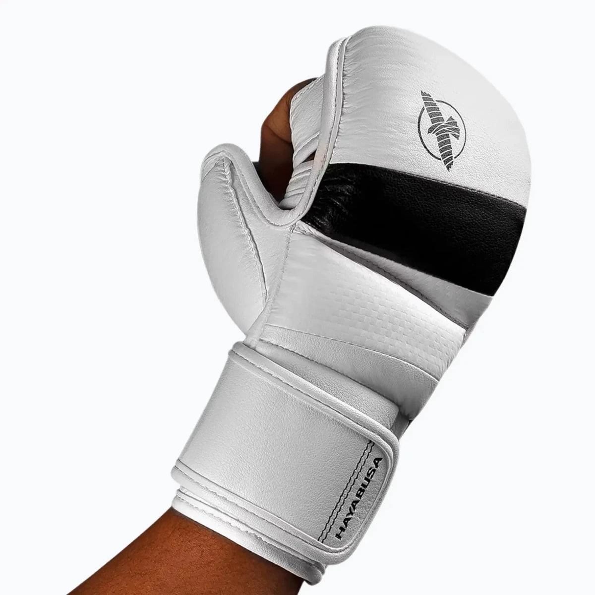 Hayabusa T3 Hybrid 7oz white MMA gloves, modern and technical design for striking and wrestling training.