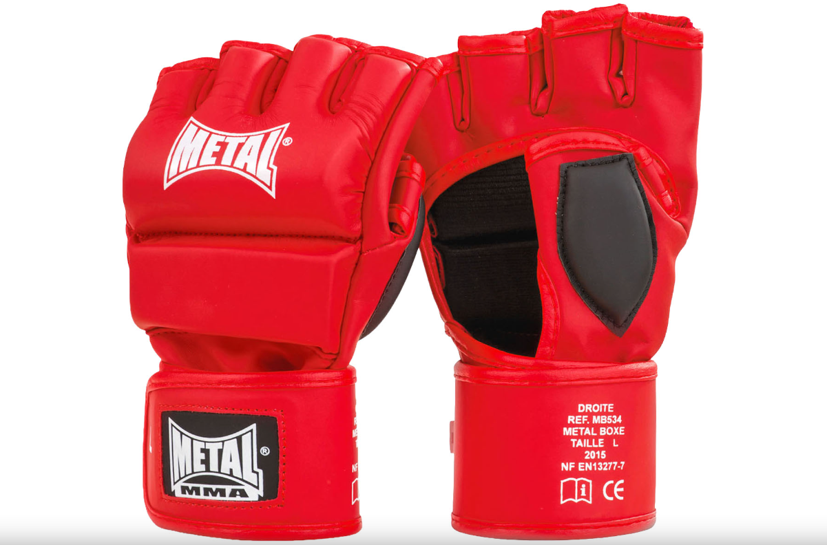 Vista frontale guanti MMA Metal Boxe rossi, massima protezione sulle nocche