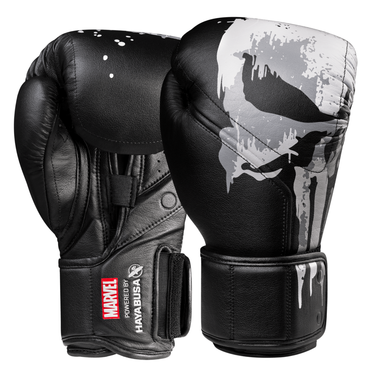 Pair of black Hayabusa Marvel Punisher children's boxing gloves with skull logo