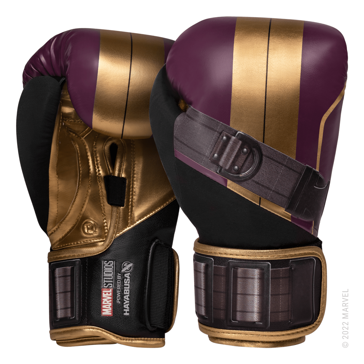 Pair of Hayabusa Marvel Batroc Hero Elite purple and gold boxing gloves