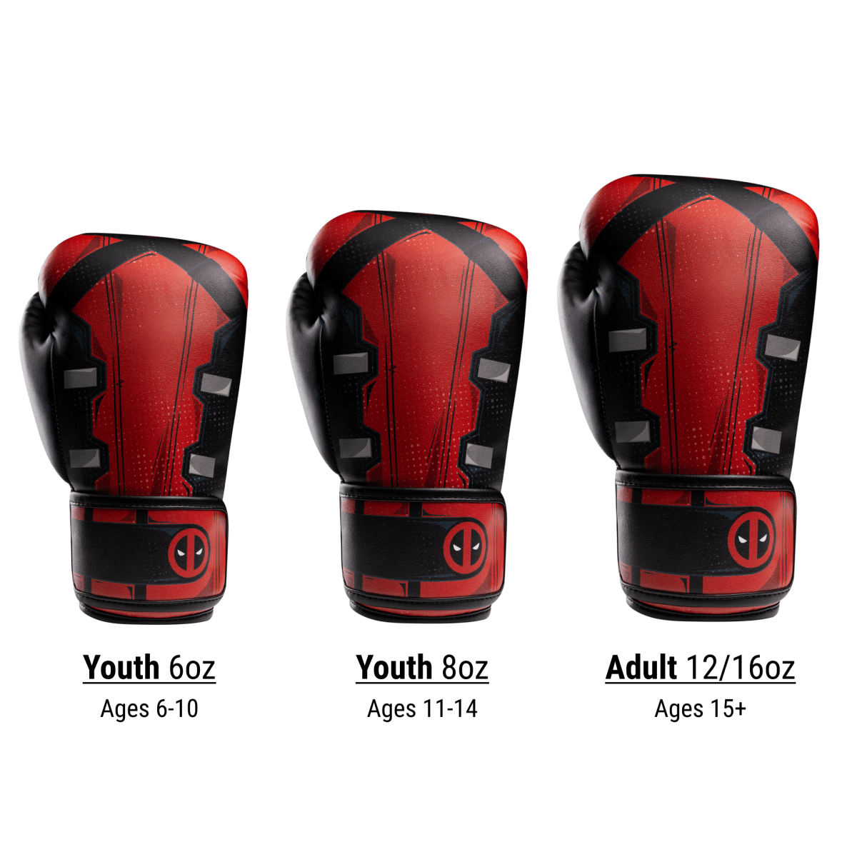Tableau des tailles des gants Deadpool divisé en tailles enfants et adultes