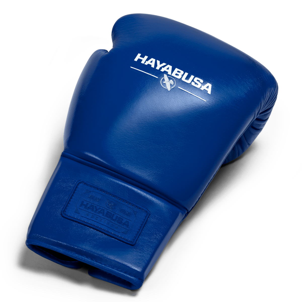 Vista superior de un solo guante de boxeo Hayabusa Pro Lace azul cobalto, que muestra el acolchado y el cuero de plena flor.
