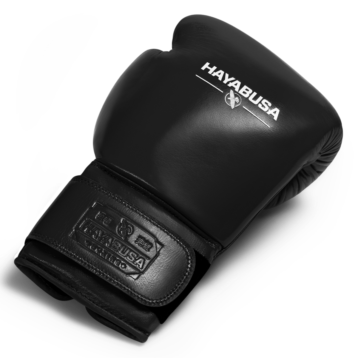 Luva de boxe preta Hayabusa Pro de couro de grão superior, posicionada de perfil