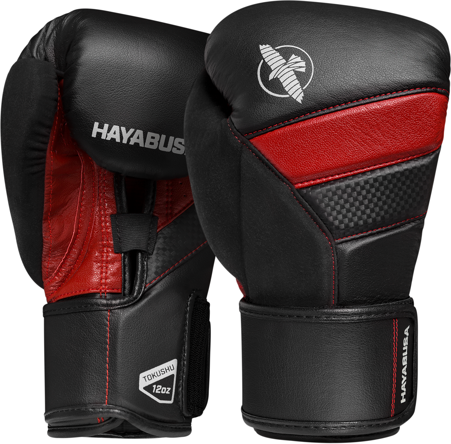 Guantoni da boxe Hayabusa T3 neri con grafiche e dettagli rossi