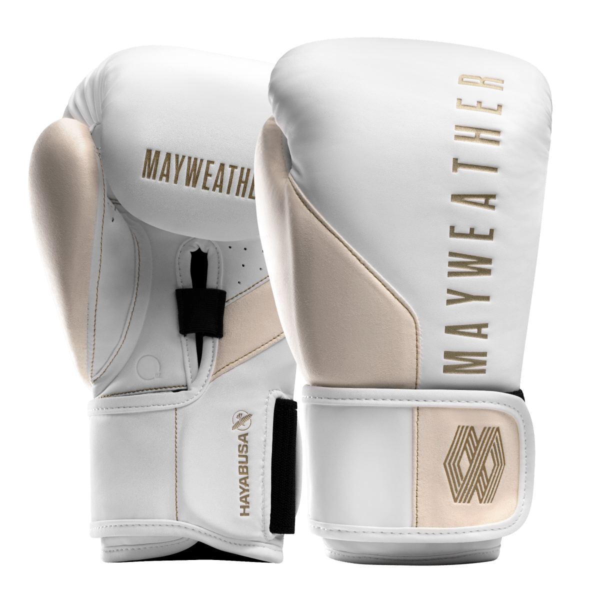 Guantes de boxeo Mayweather Champ blancos y dorados vistos desde el frente en primer plano