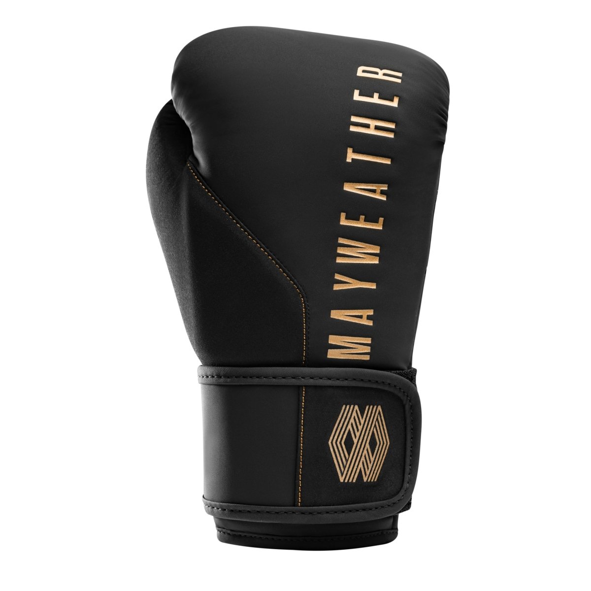 Detalle del sistema de cierre Dual-X y soporte de muñeca Triple-Splint de los guantes Mayweather Champ en oro negro