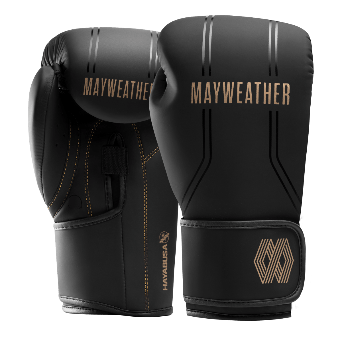 Pair of black and gold Mayweather Hayabusa Contender boxing gloves, overall view