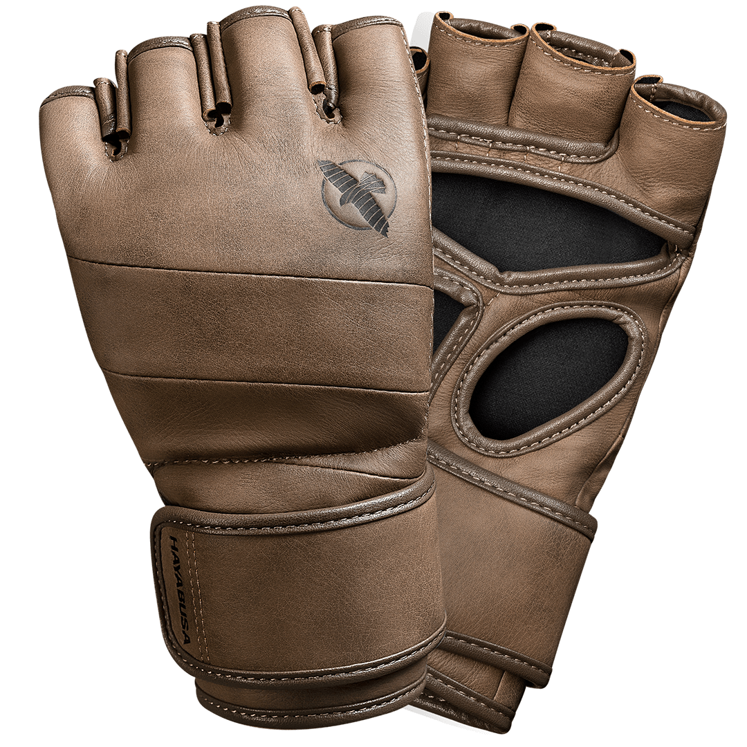 Coppia di guantoni da MMA Hayabusa T3 LX 4oz in pregiata pelle marrone vintage, vista d'insieme