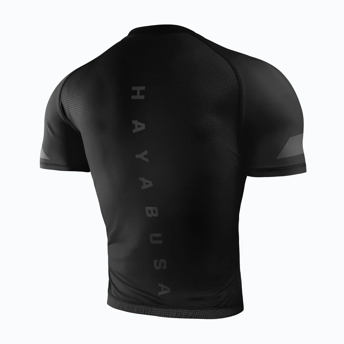 Hayabusa logo detail and flat stitching on black rash guard.