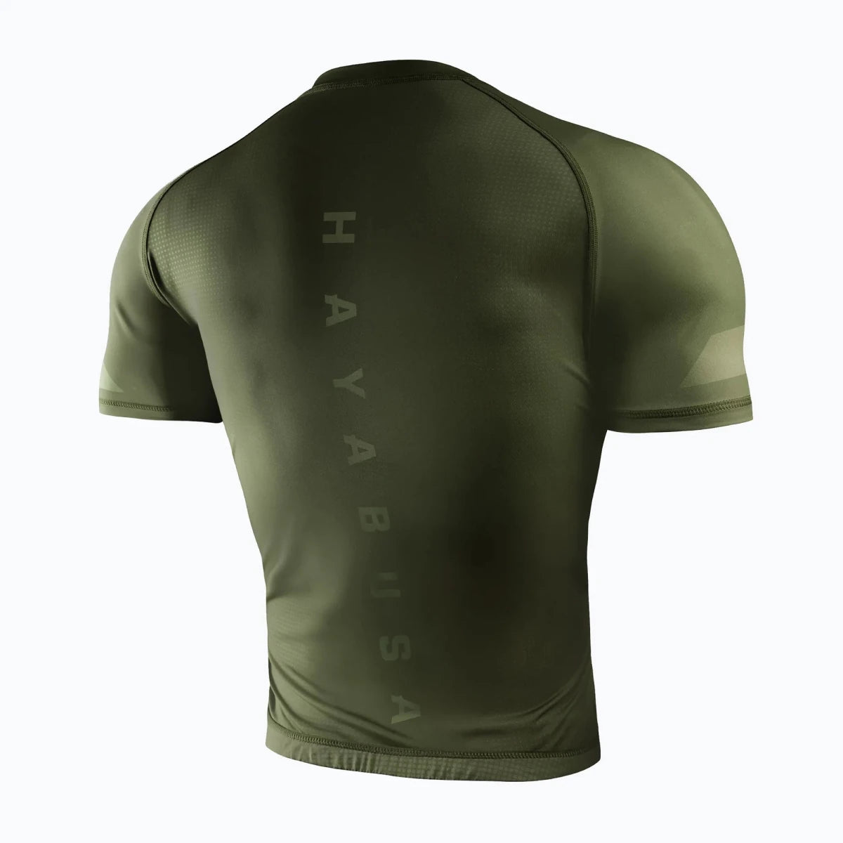 Ergonomic cut Hayabusa green rash guard for combat sports.