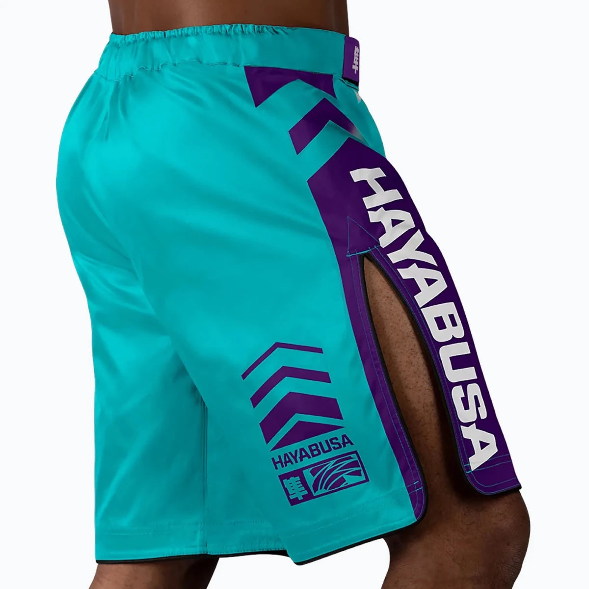Vista trasera del pantalón corto Hayabusa Icon turquesa para deportes de combate.