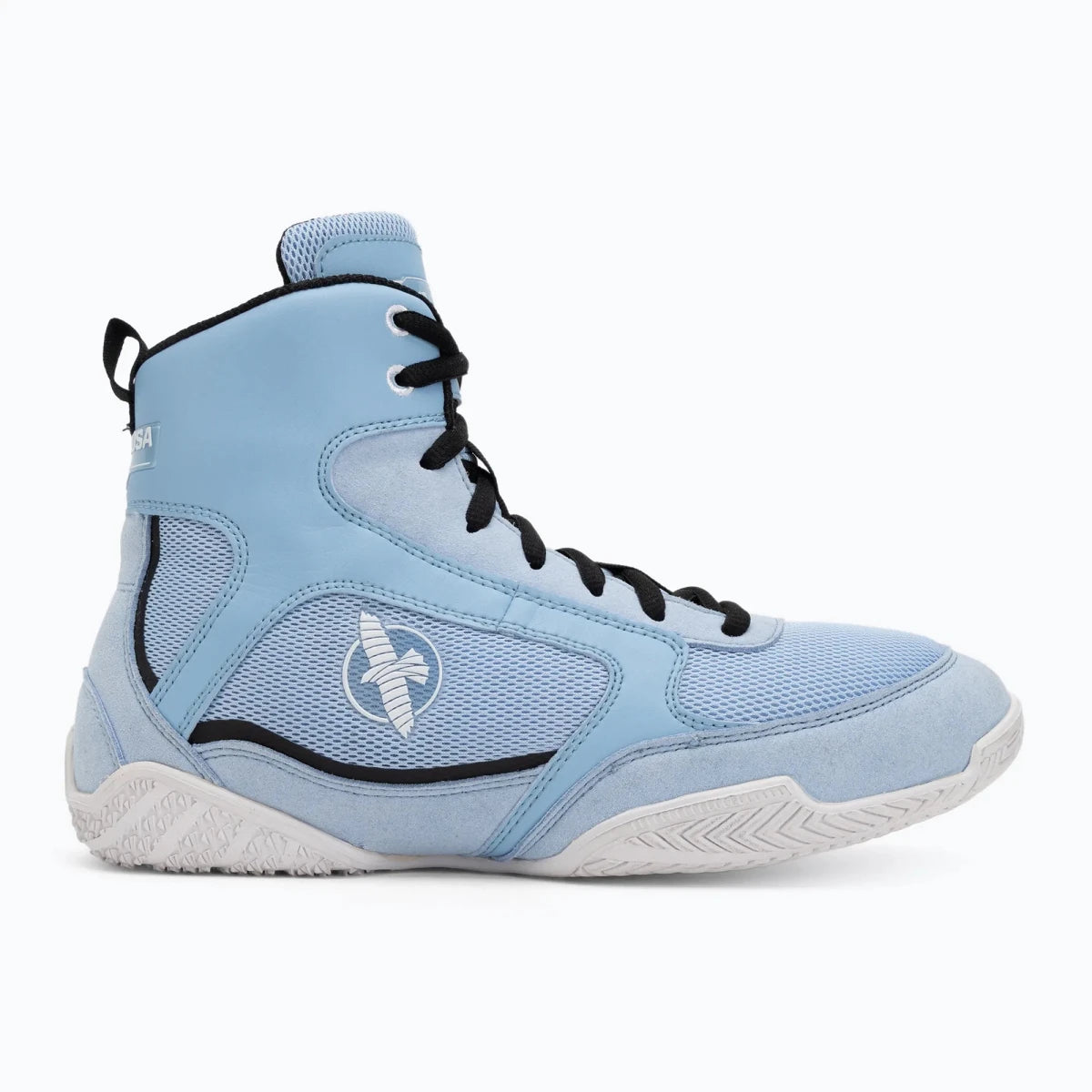 Finish-Detail und Logo der hellblauen Boxschuhe von Hayabusa.