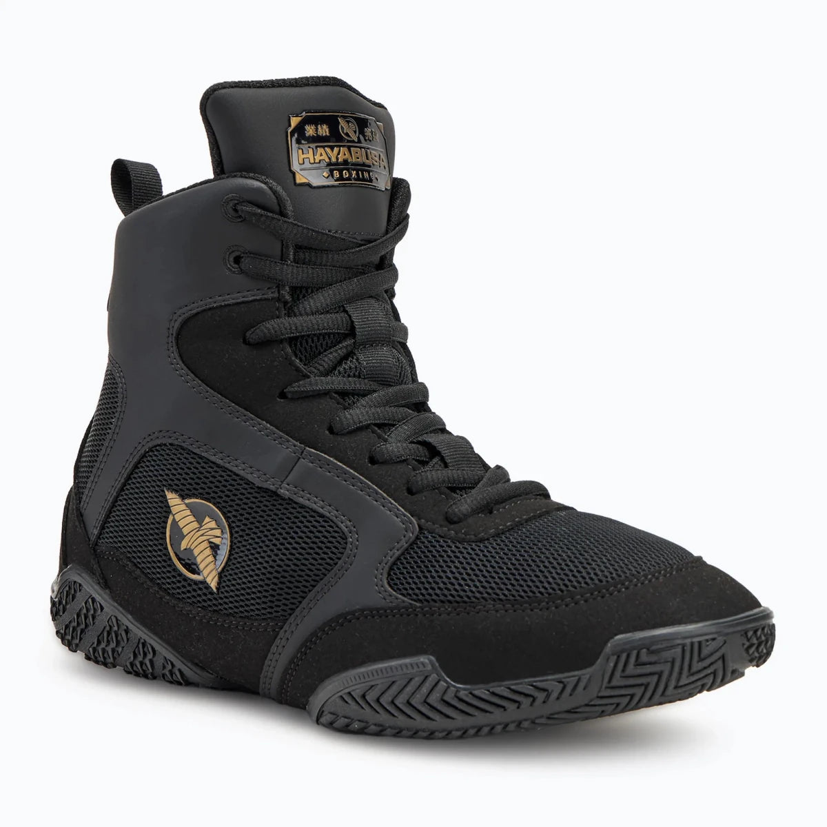 Hayabusa Pro schwarze Boxschuhe, professioneller Ring, Vorderansicht.