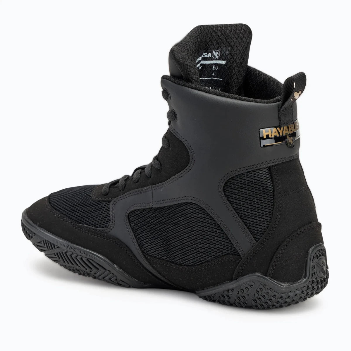 Technisches Design Hayabusa Pro Boxschuhe mit schwarzem und goldenem Profil.