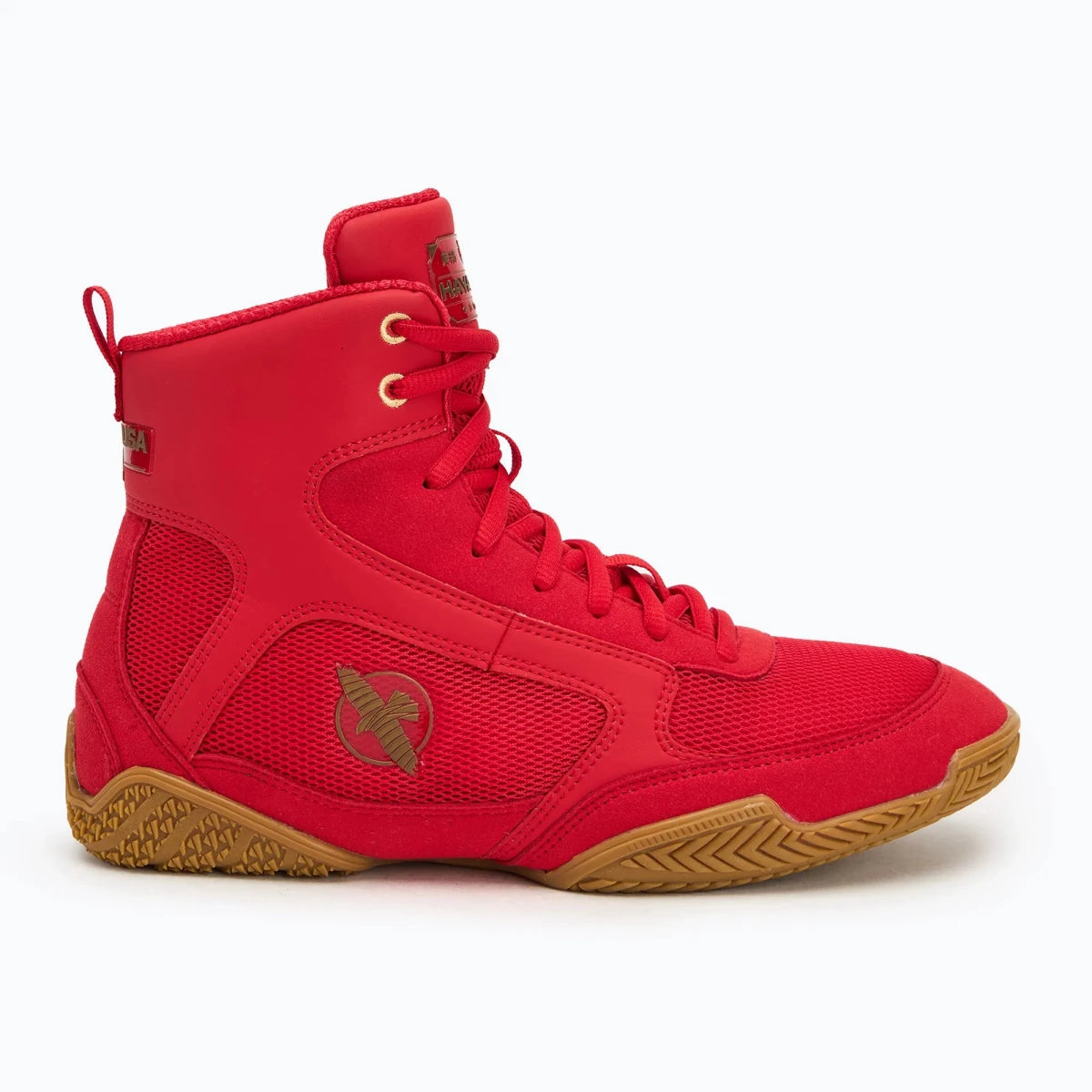 Rote Hayabusa Pro Boxschuhe für Kämpfe und Sparring, Vorderansicht.