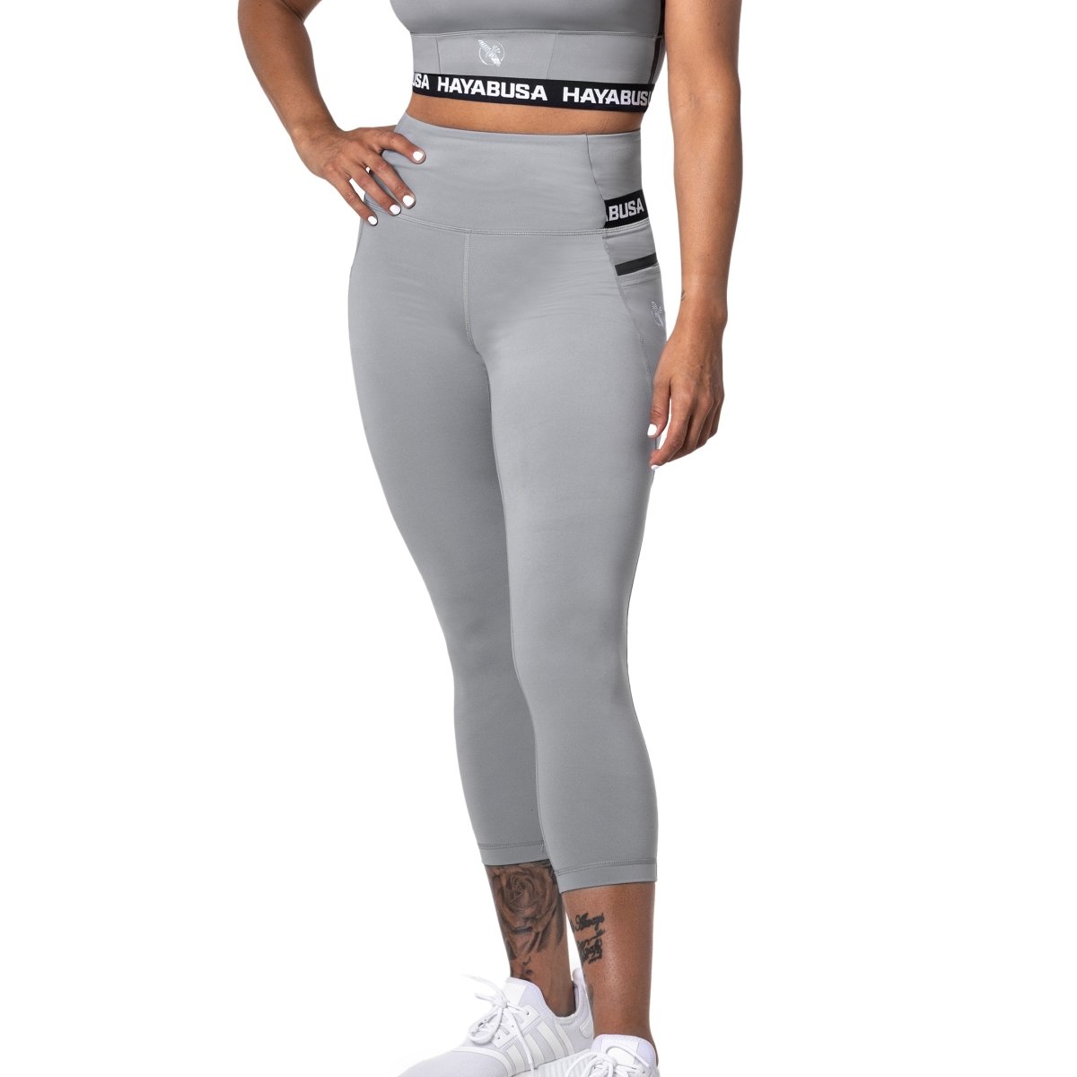 Front view of the gray Hayabusa High Rise women's 3/4 leggings with an ergonomic fit