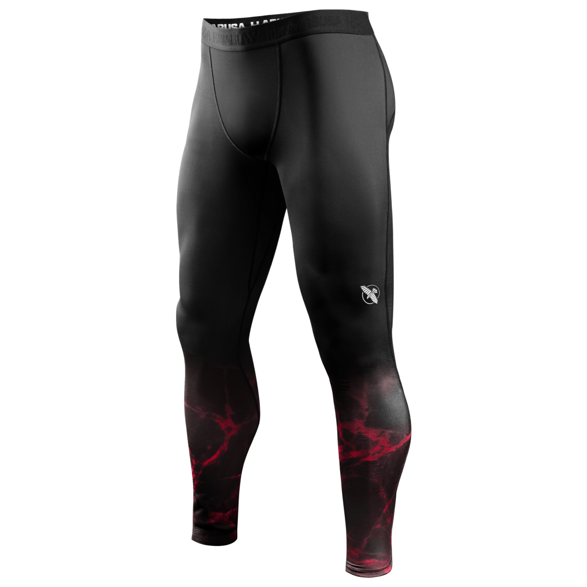 Vista frontale dei leggings a compressione UFC BJJ Spats neri con dettagli e loghi rossi