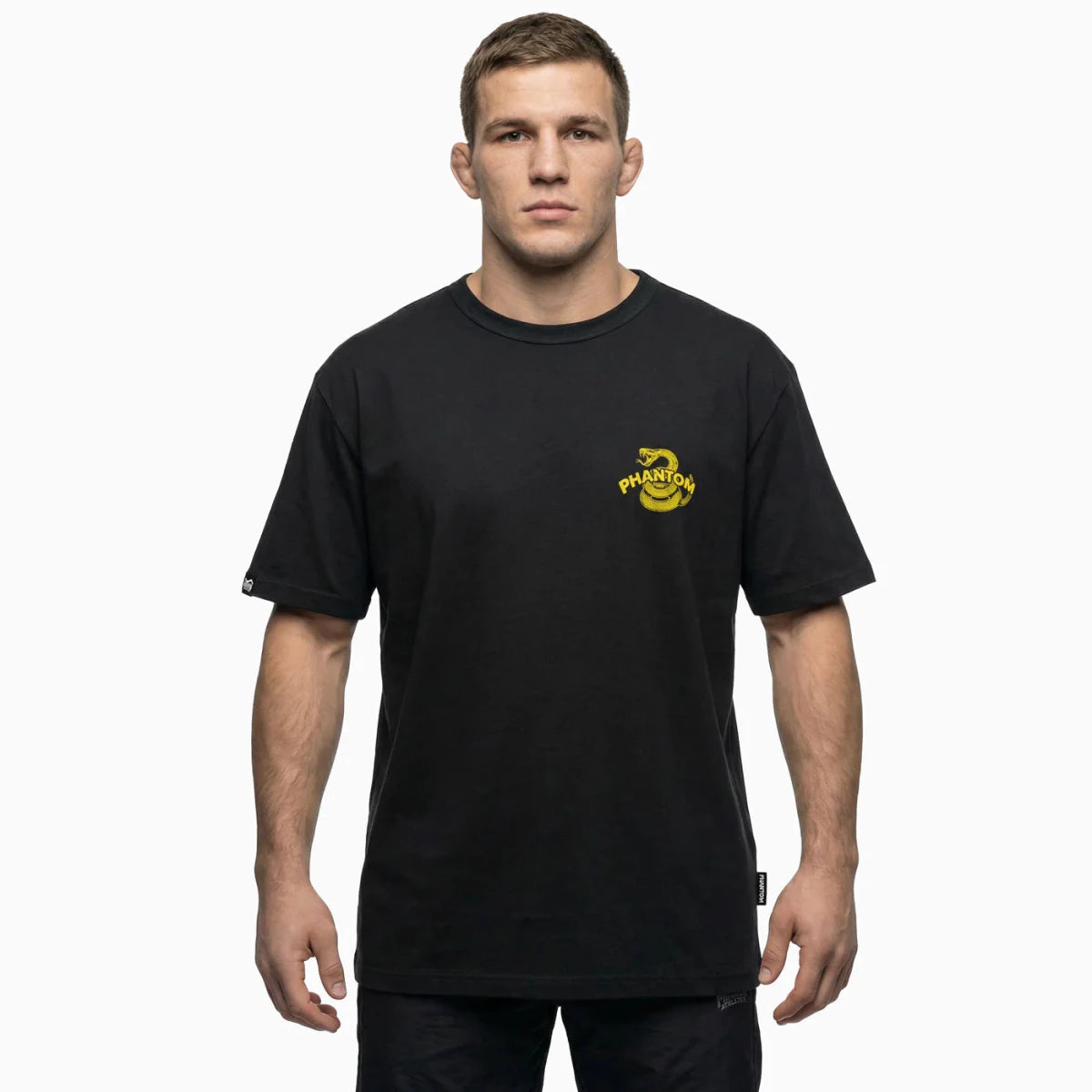 Front view of the Phantom Don't Tread On Me athletic t-shirt featuring the yellow Gadsden snake graphic