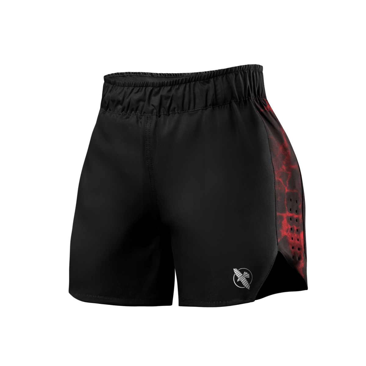 Vorderansicht der UFC BJJ-Shorts für Damen in Schwarz mit roten Akzenten, ideal für intensives Training