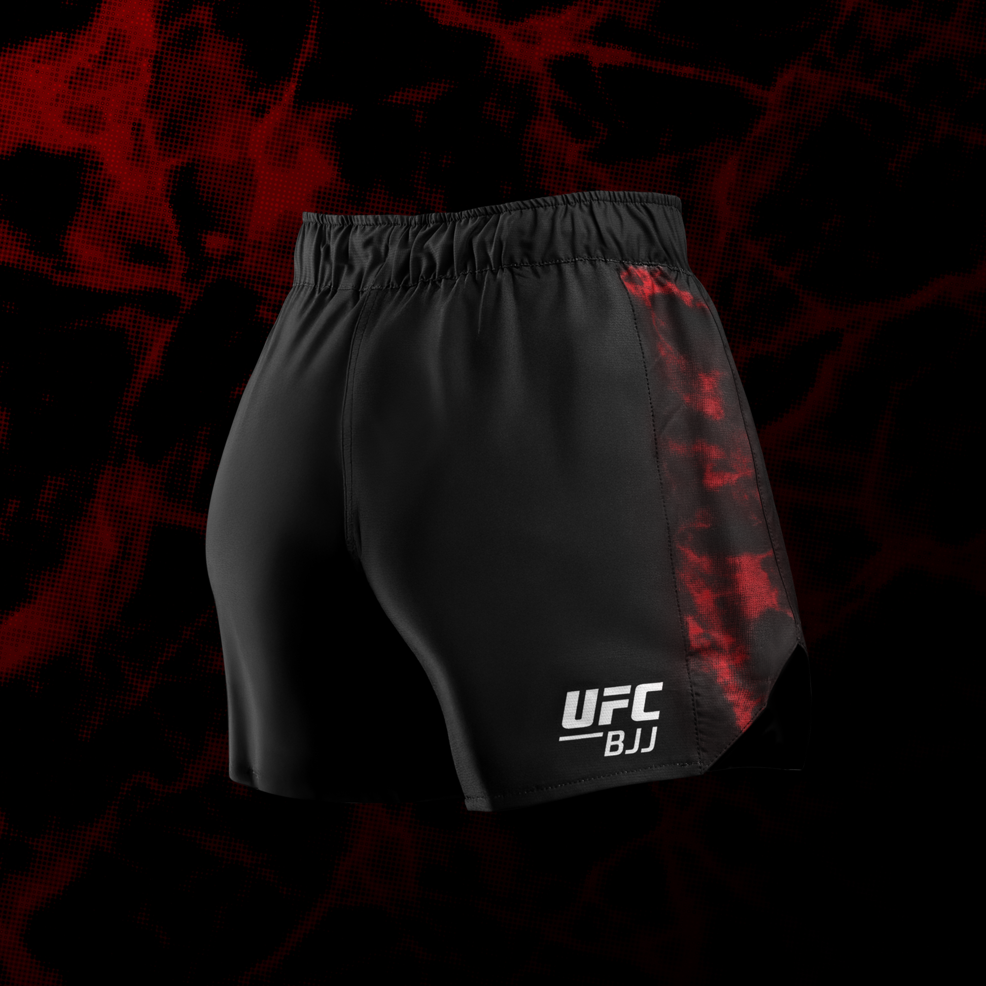 Vista posteriore dei pantaloncini UFC BJJ donna nero/rosso, sistema di ventilazione laser-cut