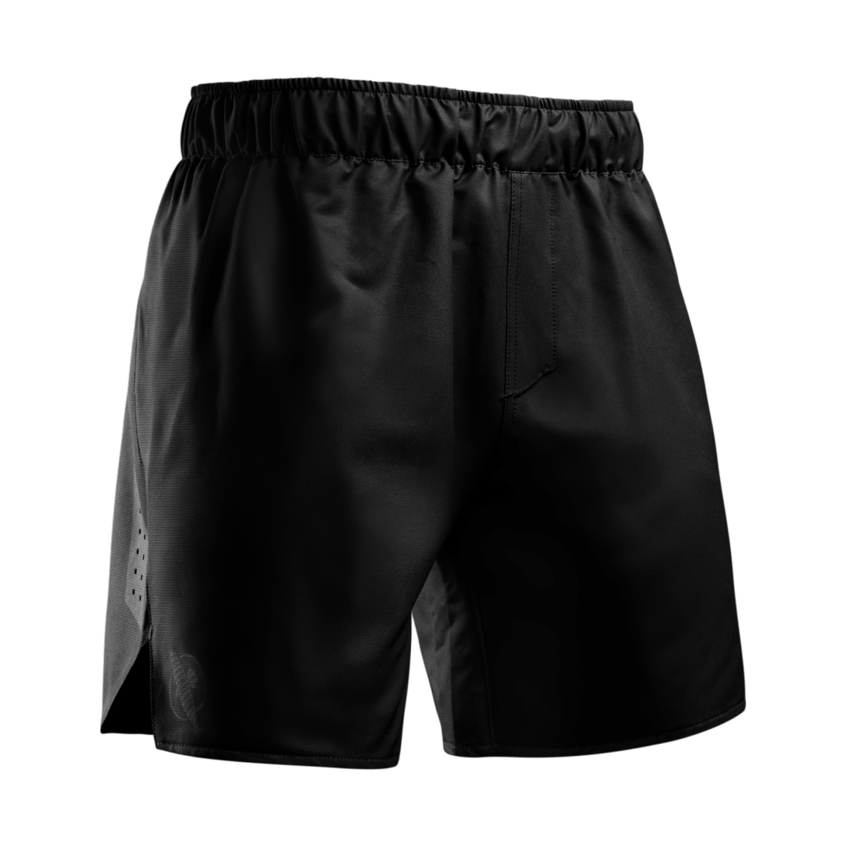 Front view of the black Hayabusa Core grappling shorts, ultra-light fabric and adaptive waist
