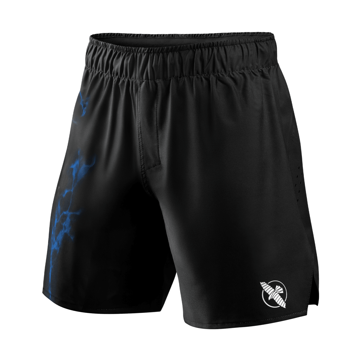 Vista frontal del pantalón corto de grappling oficial de UFC BJJ en color negro con detalles en azul y cierre con cordón
