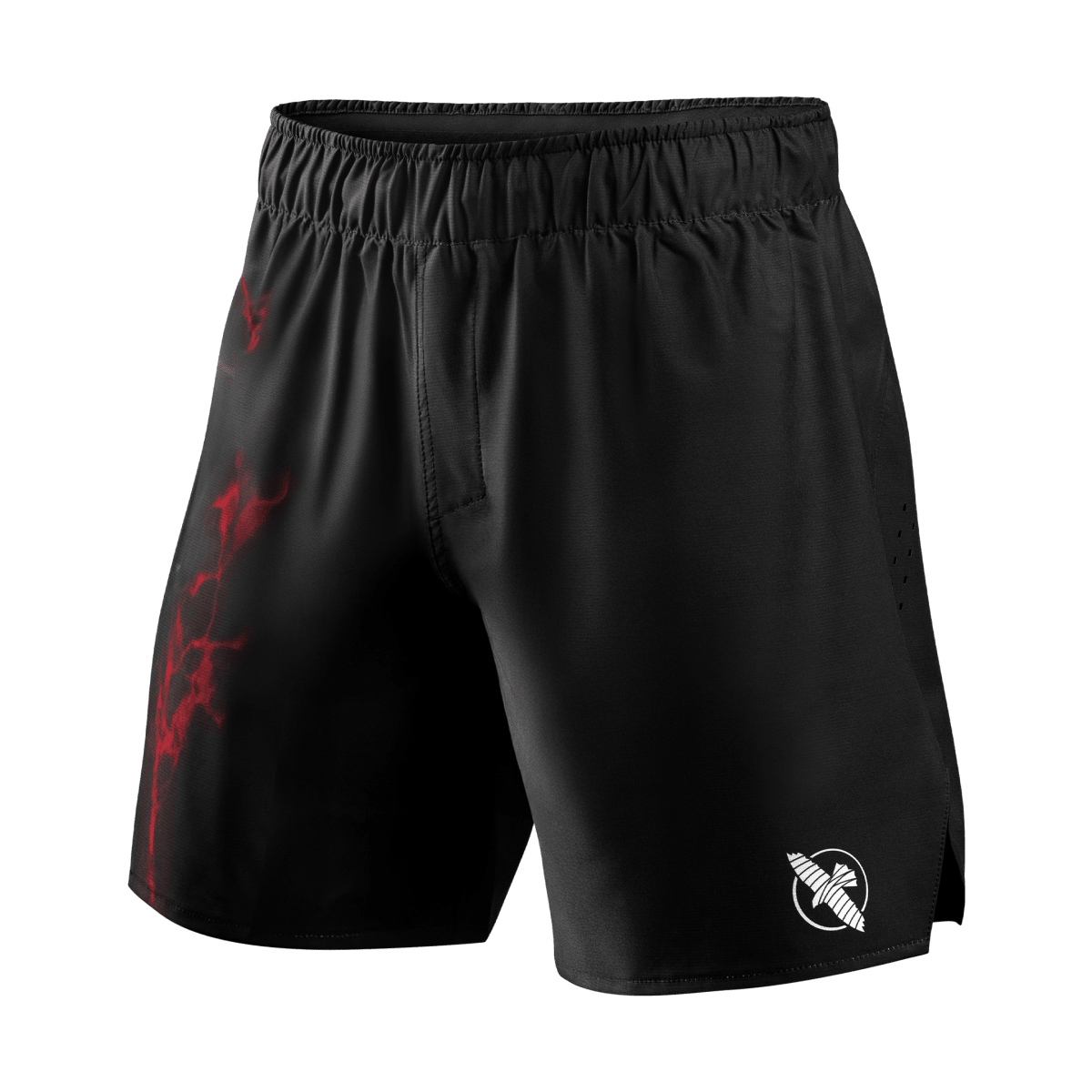 Vista frontal de los pantalones cortos de grappling oficiales de UFC BJJ en negro con detalles rojos y cinturilla adaptable