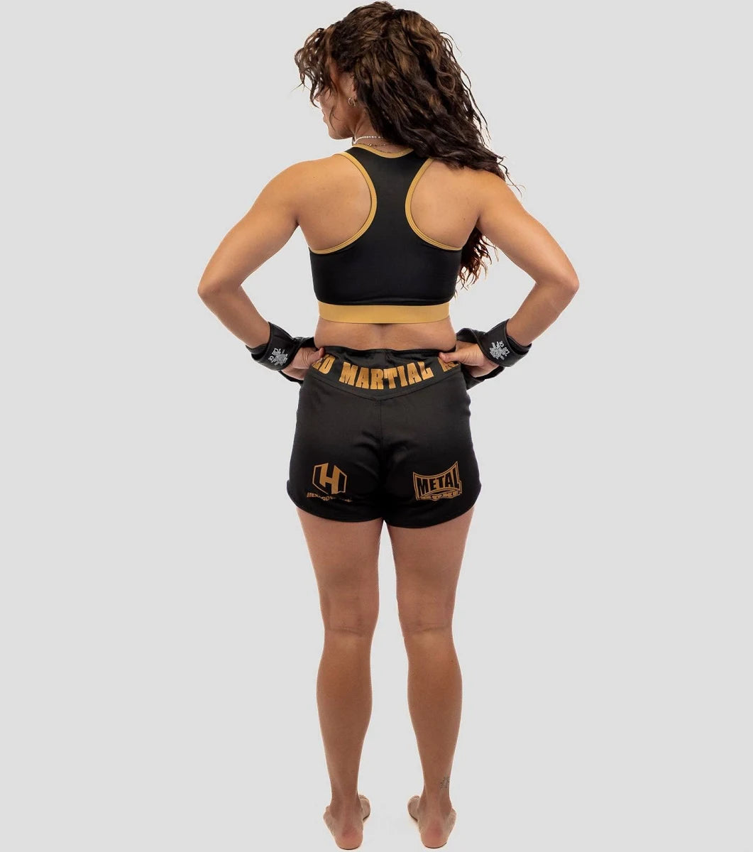 Vista posteriore pantaloncini da combattimento donna Metal Boxe Hexagon vestibilità ergonomica