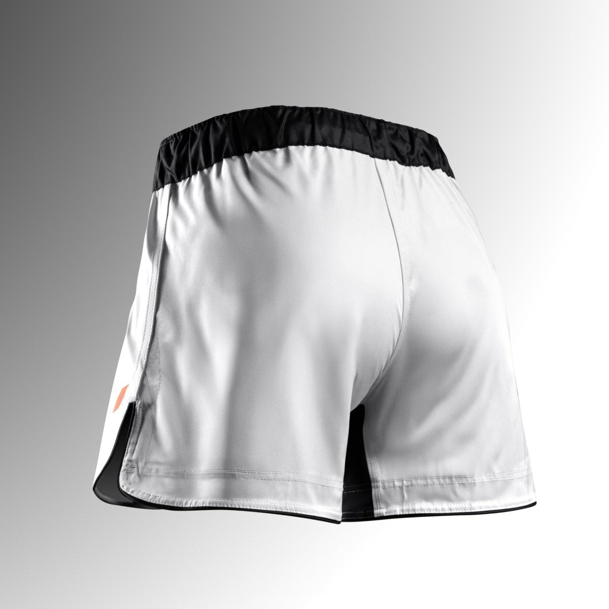 Vista traseira do short branco Hayabusa Apex Mid-Thigh MMA, mostrando o cós seguro e o tecido resistente a rasgos
